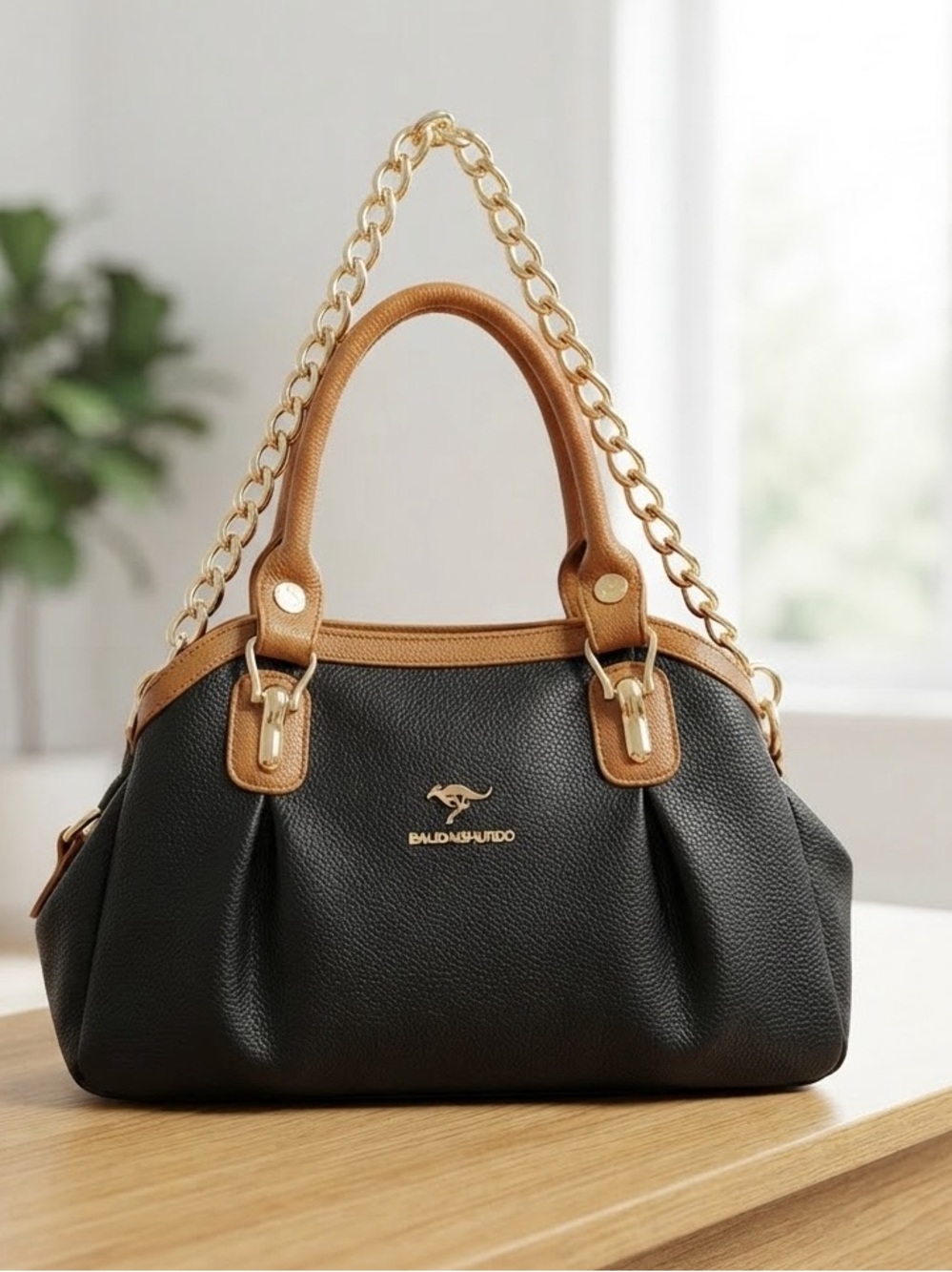 Black and Tan Chain-Accent Shoulder Bag